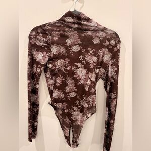 Floral Long-Sleeve Sheer Bodysuit - Brown/Pink